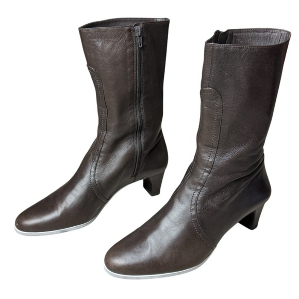 Cole Haan Women's 6.5B Brown Leather Mid Calf Kitten Heel Boots Y2K Chic Casual